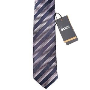 Hugo Boss 100% Silk Navy Blue Purple Stripe Neck Tie NWT